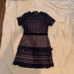 Navy Dress with Black Velvet Band at Waste